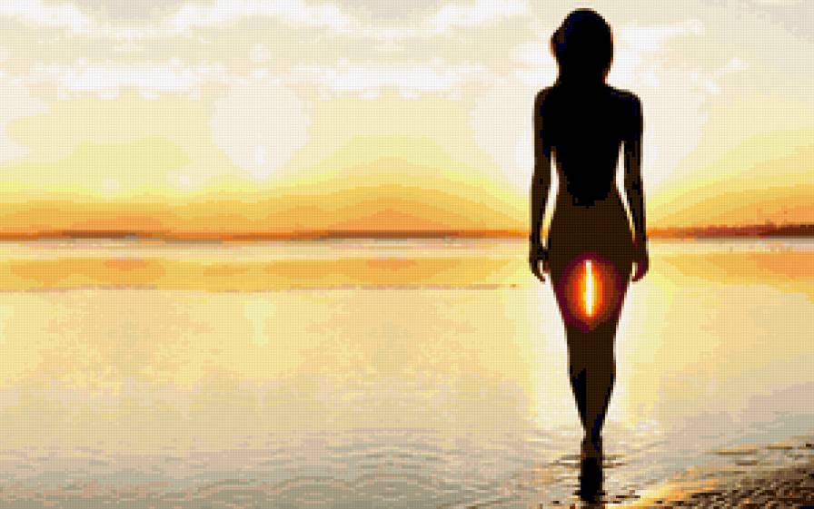 Силуэт на закате - девушка, красота, вода, закат - предпросмотр