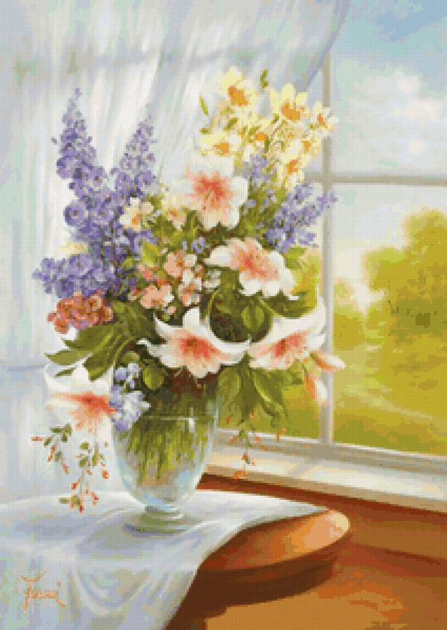 Цветы у окна - натюрморт, окно, ваза, живопись, цветы, букет, картина - предпросмотр