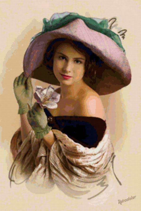 дама в шляпке - портрет, женщина, цветок, красота, девушка, шляпа - предпросмотр