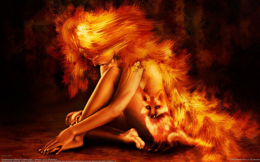Огненная девушка с лисой - лиса, девушка, огонь - оригинал