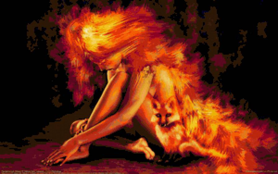 Огненная девушка с лисой - лиса, огонь, девушка - предпросмотр