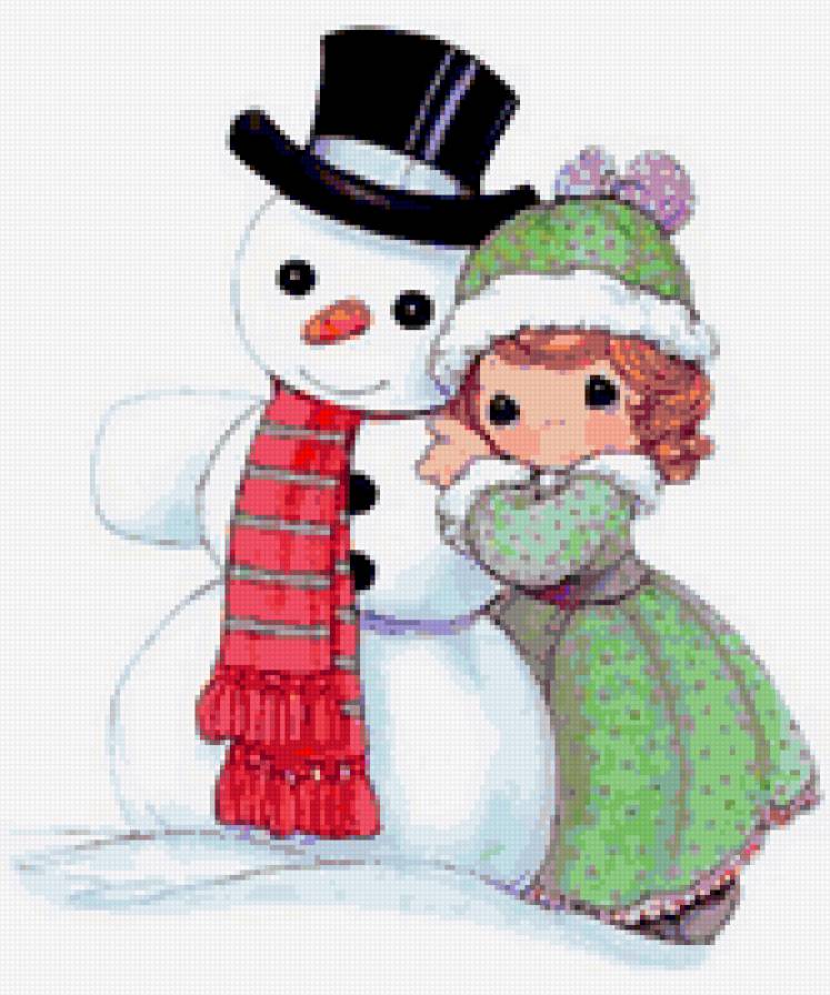 детский рисунок - девочка, снеговик - предпросмотр