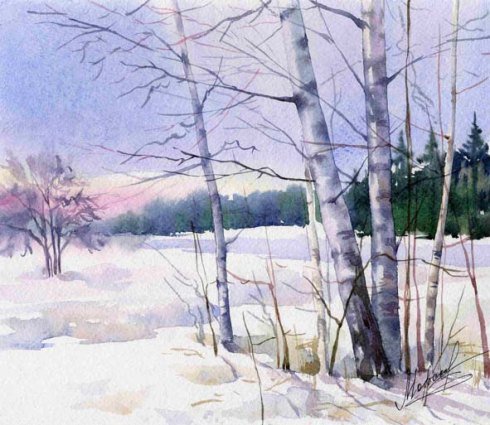 акварели - пейзаж, зима - оригинал