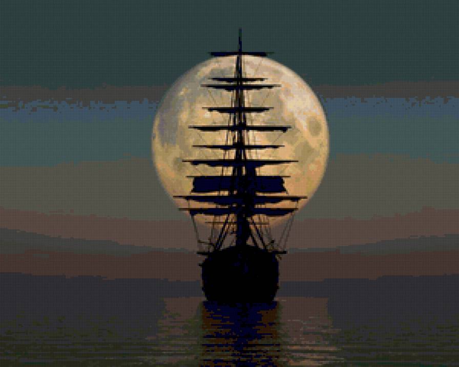 на фоне луны - корабль, море, полнолуние - предпросмотр