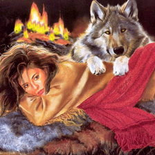 Оригинал схемы вышивки «Девушка и волк» (№145356)