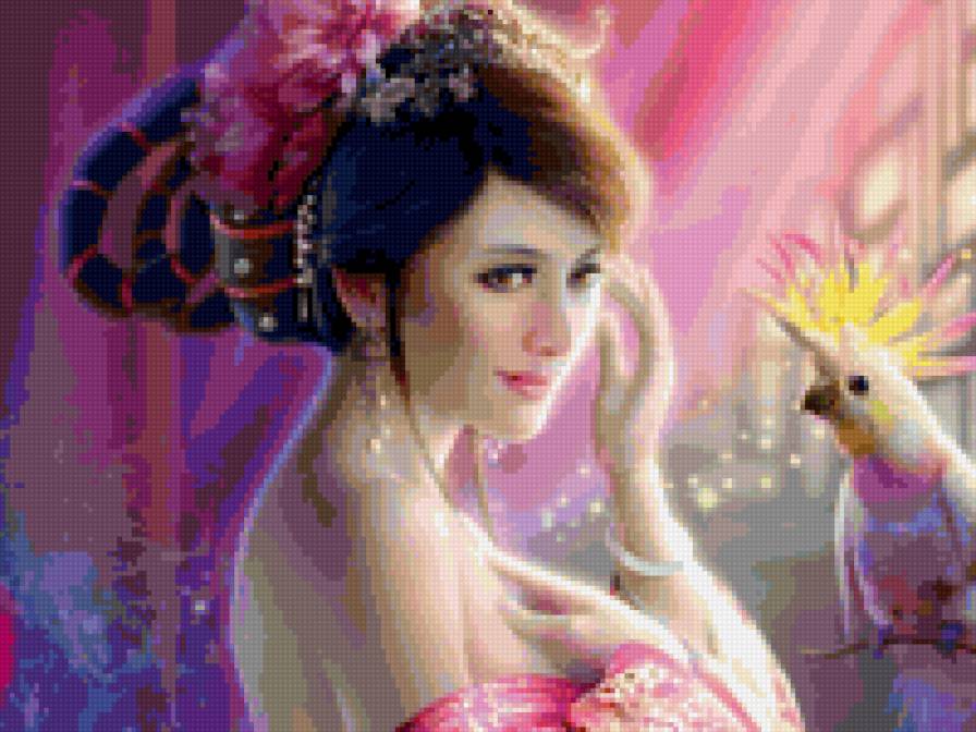 Девушка с попугаем - нежно, попугай, птица, девушка - предпросмотр