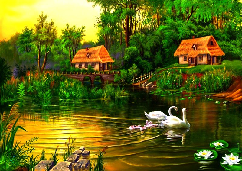 картина - птицы, пейзаж, вода, домик, лебедь, природа, лебеди, дом - оригинал