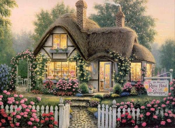 Загородный дом - цветы, пейзаж, дом, живопись - оригинал