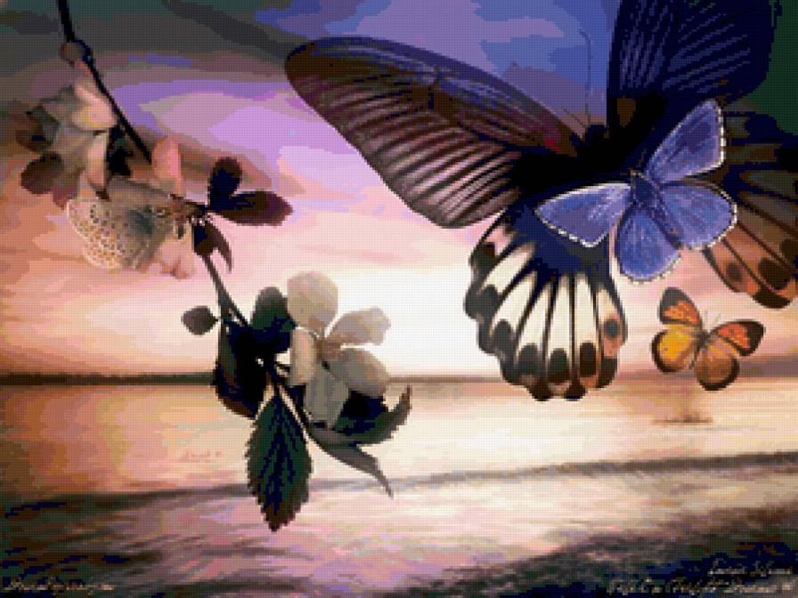 Бабочки в сумерках - бабочки, ветка - предпросмотр