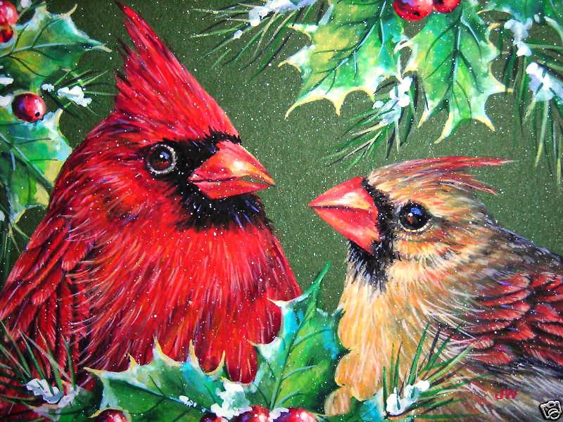Кардиналы - ягодки, птицы, рождество, зима, кардиналы, птица, ель - оригинал