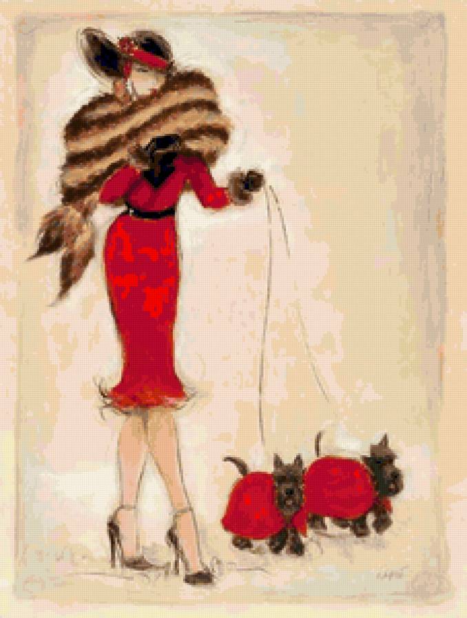 Дамочка в красном с собачками - девушка, дама - предпросмотр