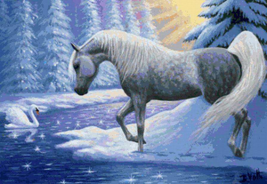 Лошадка и лебедь - звездочки, лебедь, лебеди, лошадки, лошадка, озеро, фантазия - предпросмотр