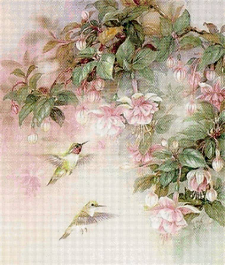 цветы и колибри - цветы, птицы, панно - предпросмотр