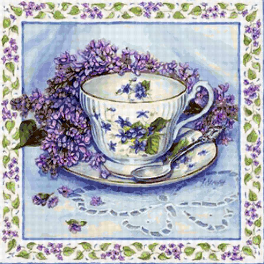 Сиреневое чудо - чашечка, букет, цветы, фиалки, посуда, фарфор, сирень, для кухни - предпросмотр