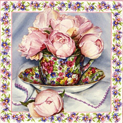 Розы и чай - чашечка, розы, панно, чаепитие, фарфор, роза, букет, посуда - оригинал