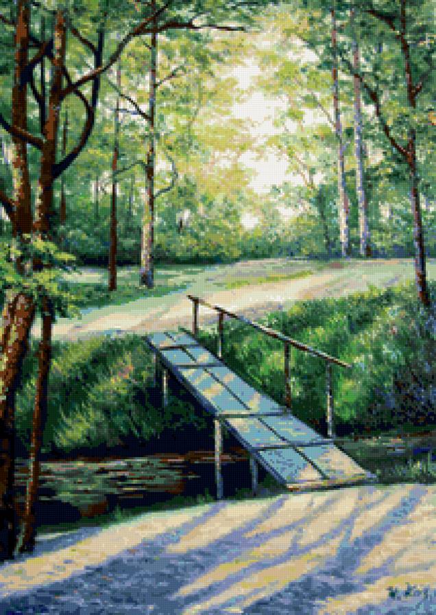 Солнечные блики - картина, мостик, пейзаж, лес - предпросмотр