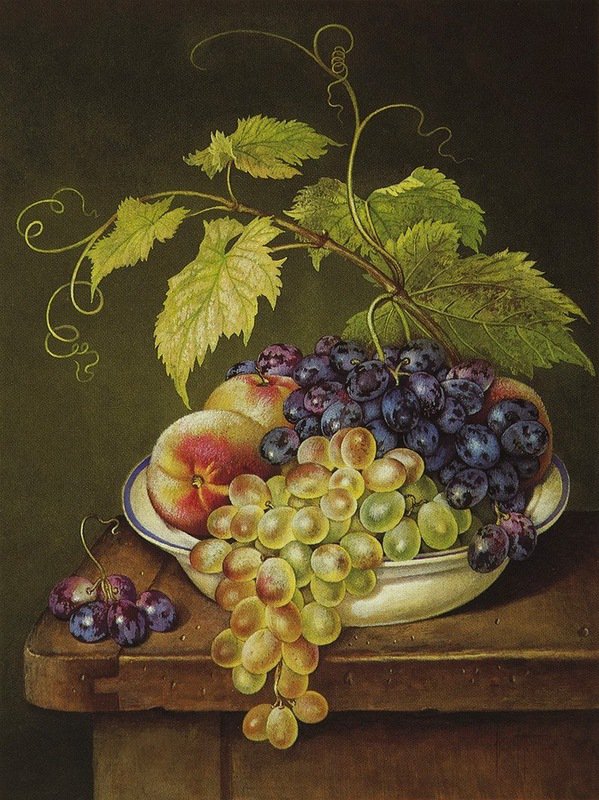 Натюрморт с виноградом и с персиком - натюрморт, персик, виноград - оригинал