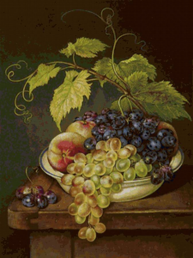 Натюрморт с виноградом и с персиком - персик, виноград, натюрморт - предпросмотр