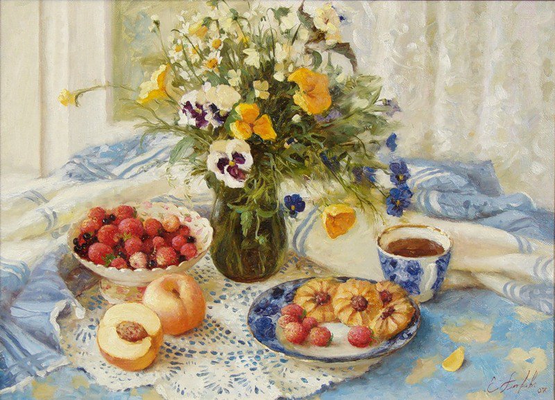 Натюрморт - персики, композиция, натюрморт, картина, цветы - оригинал