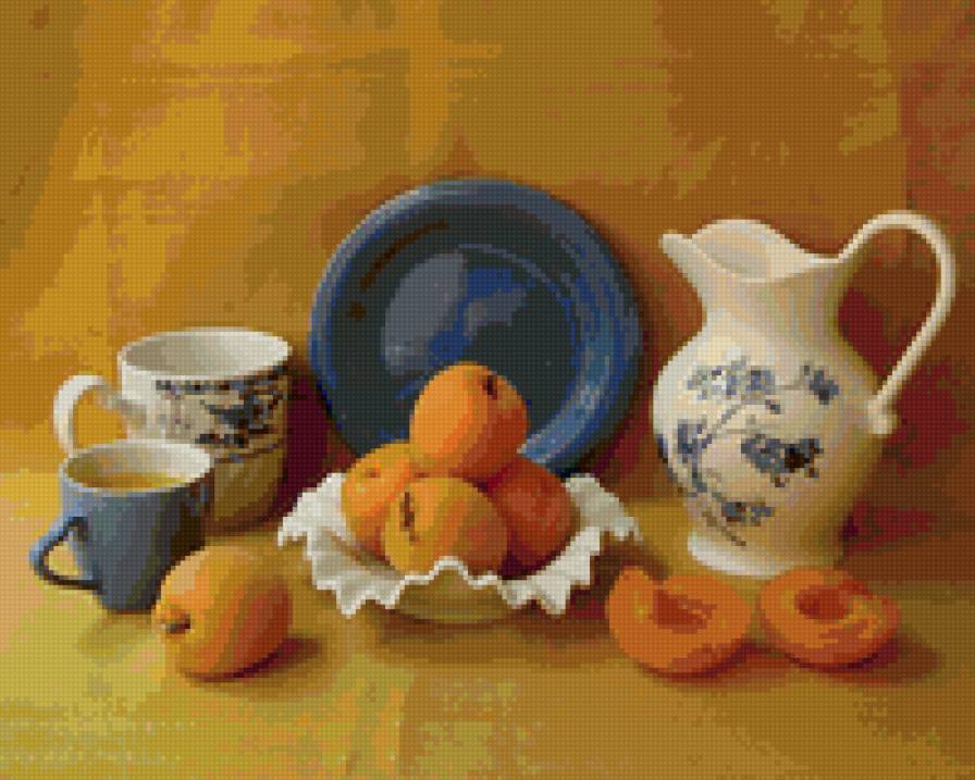 Натюрморт - натюрморт, персики, посуда, картина - предпросмотр