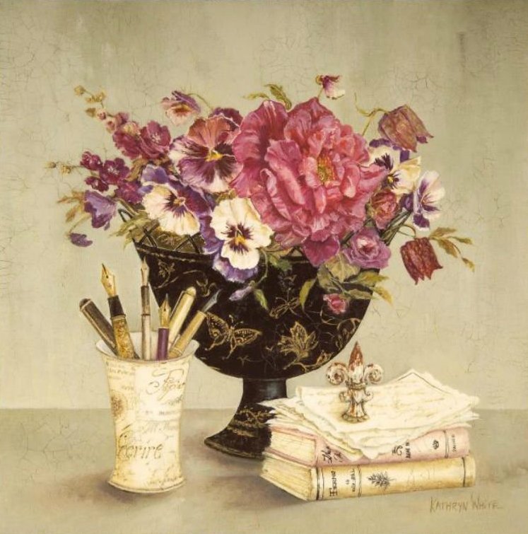 Натюрморт цветы и письменные принадлежности, книги - Kathryn Whi - kathryn whit, натюрморт, цветы, письменные принадлежности, книги - оригинал