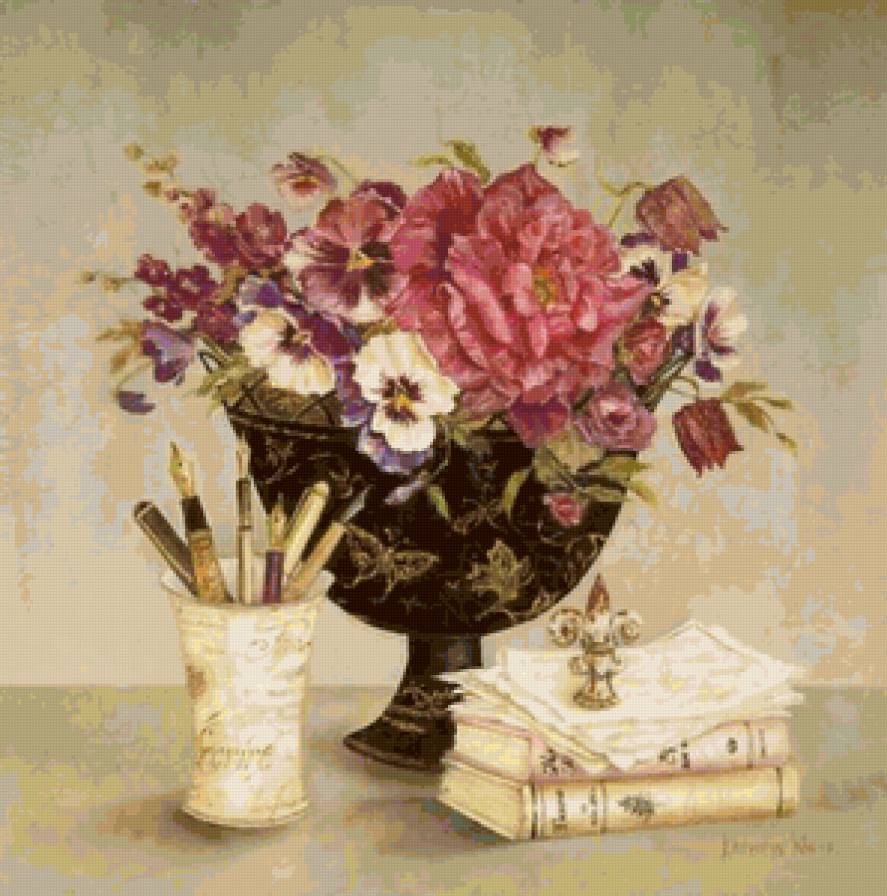 Натюрморт цветы и письменные принадлежности, книги - Kathryn Whi - письменные принадлежности, цветы, kathryn whit, книги, натюрморт - предпросмотр