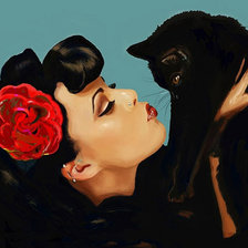 Оригинал схемы вышивки «девушка и черная кошка» (№147492)