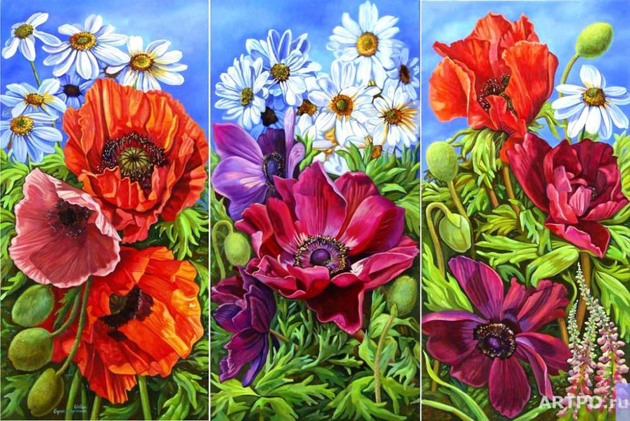 полевые цветы - живопись, ромашки, маки, природа, пейзаж, мак, триптих - оригинал
