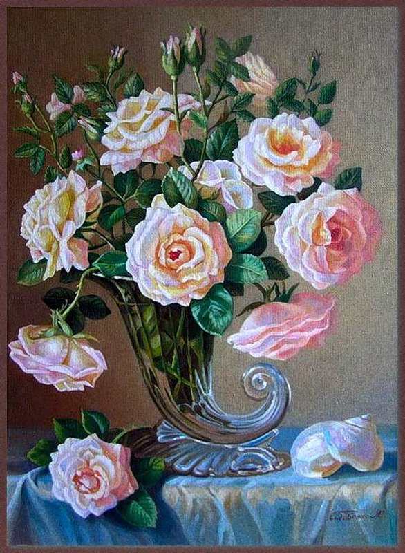 Розовые розы - розы, букет, картина - оригинал