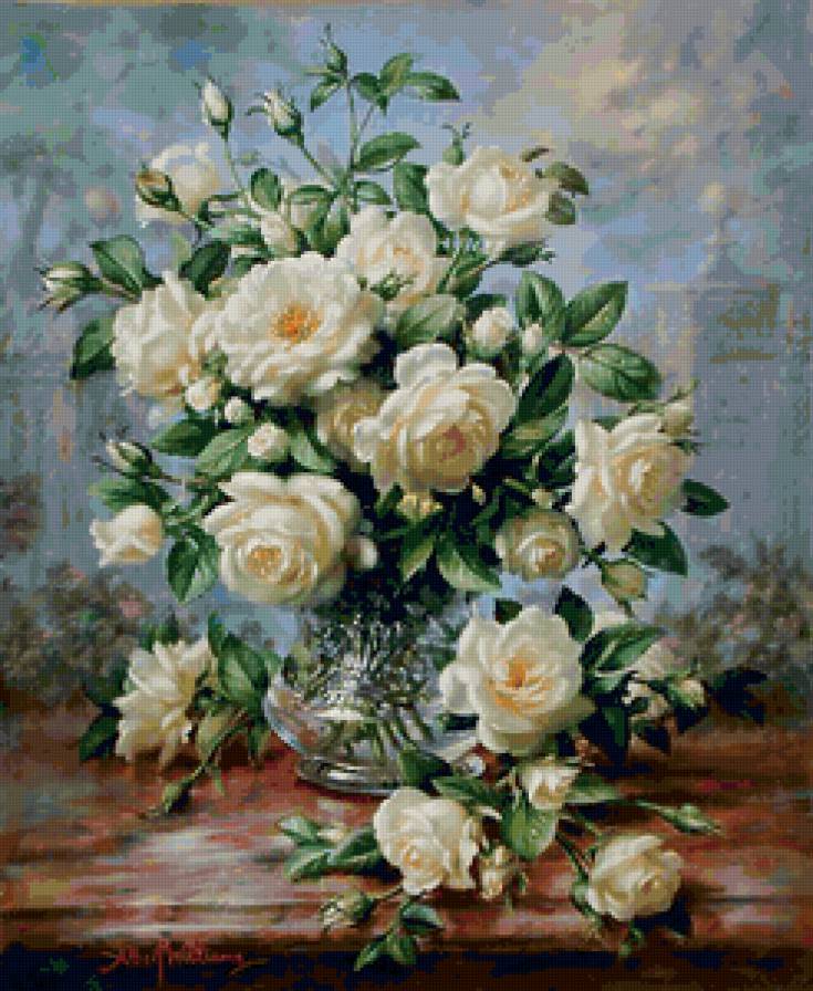 Ваза с розами - розы, картина, цветы, букет - предпросмотр