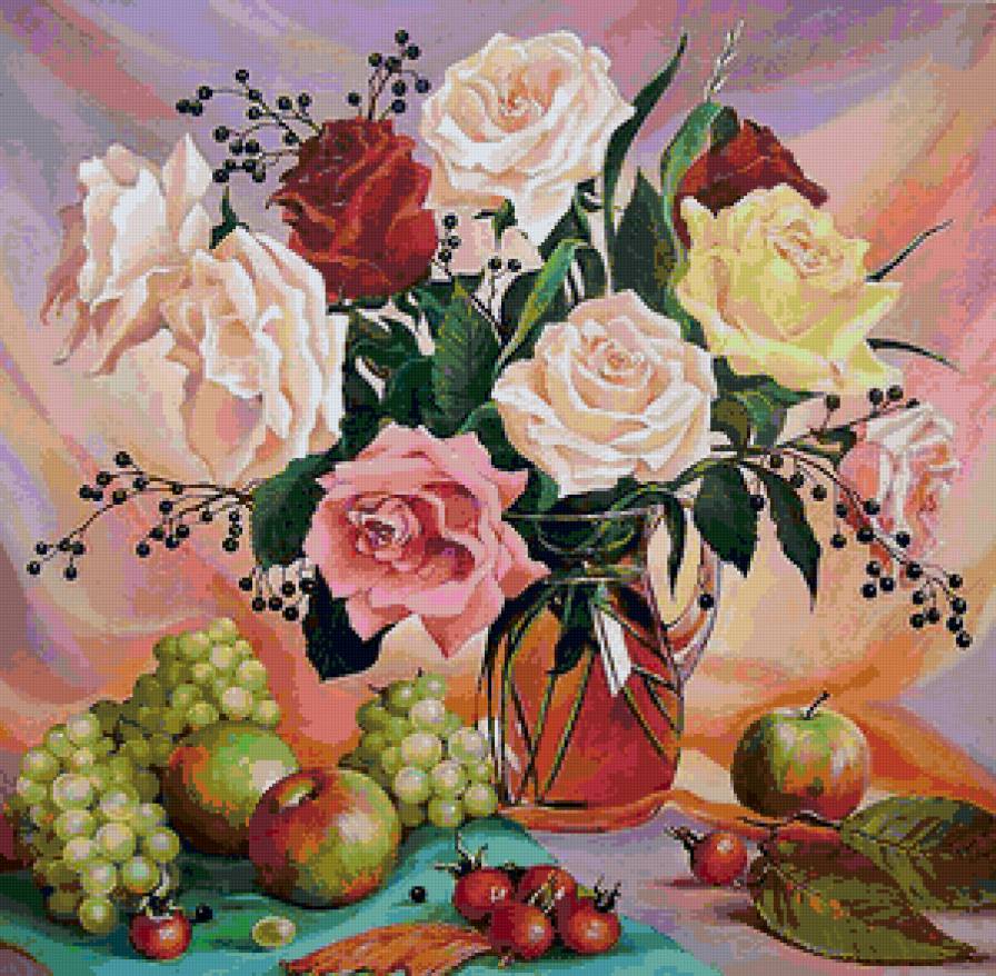 натюрморт - роза, еда, цветы, фрукты, картина, яблоки, виноград, розы - предпросмотр