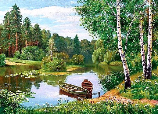 Русская природа - река, картина, лодочки, пейзаж, березки, лес - оригинал