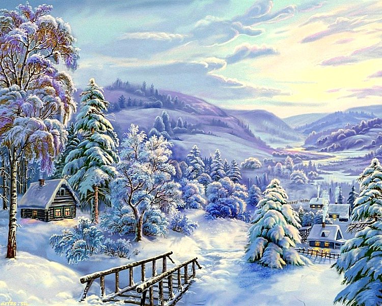 Зимушка-зима снежная... - деревня, картина, снег, зима, домики, пейзаж - оригинал