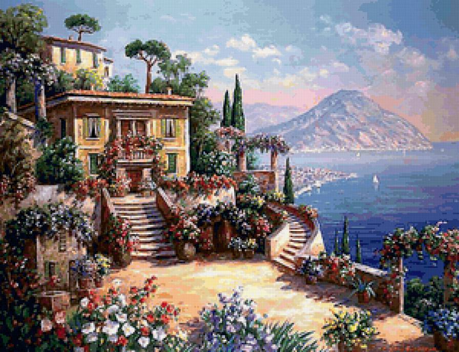 Домик на побережье - красота, пейзаж, картина, море, домик - предпросмотр