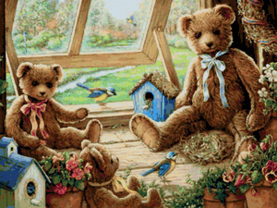 медвежата - медвежата, мишки, мишутка, игрушки, птичка, детская картина - предпросмотр