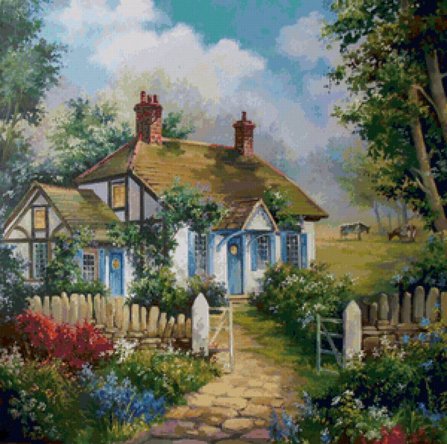 Сельский пейзаж - село, природа, цветы, дом - предпросмотр