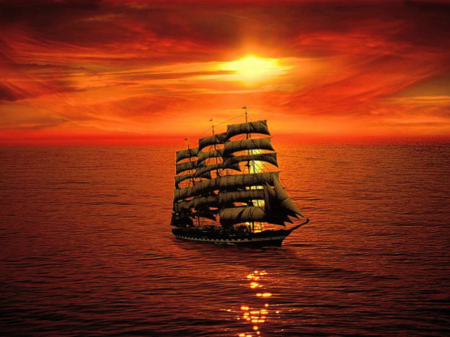 Корабль на закате - корабль, океан, море, вода - оригинал