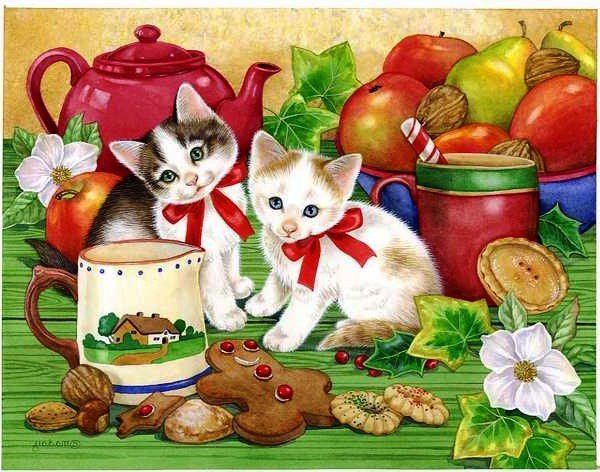 Котята  на кухню - цветы, чашка, груши, кот, кошка, животные, яблоки, фрукты, посуда - оригинал