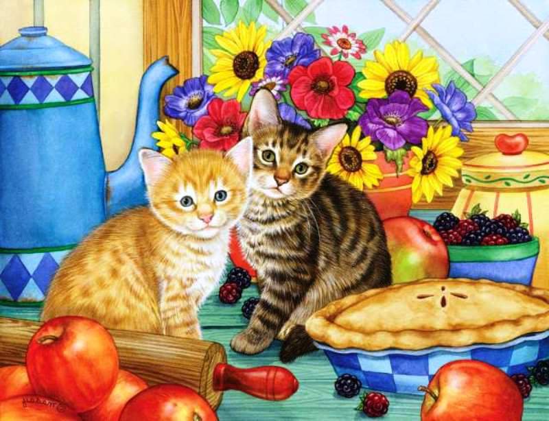 Котята  на кухню - груши, кот, чашка, фрукты, посуда, кошка, цветы, животные, яблоки - оригинал