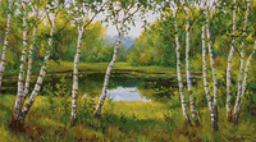У лесной речки - река, пейзаж, береза, лес, природа, живопись - предпросмотр