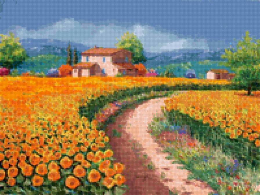 Солнечная долина - пейзаж, домик, цветы, природа - предпросмотр