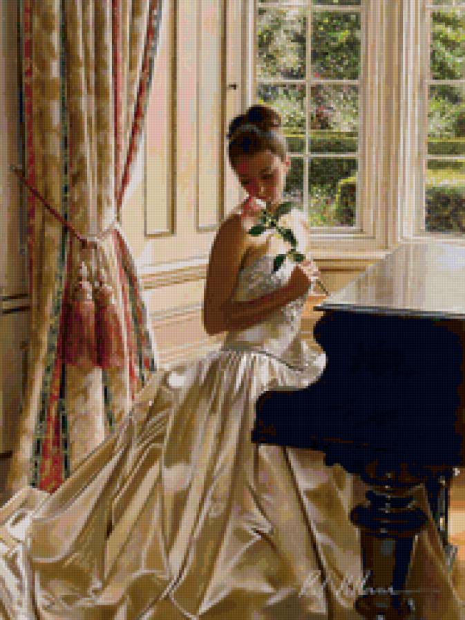 Девушка - цветы, окно, девушка, живопись - предпросмотр