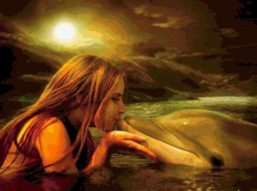 Дружба - девушка, море, закат, вода, дельфин - предпросмотр