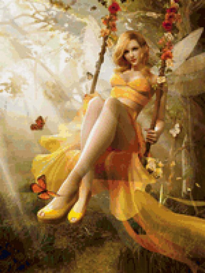 Фея на качелях - девушка, фентези, фея, качели, бабочки - предпросмотр