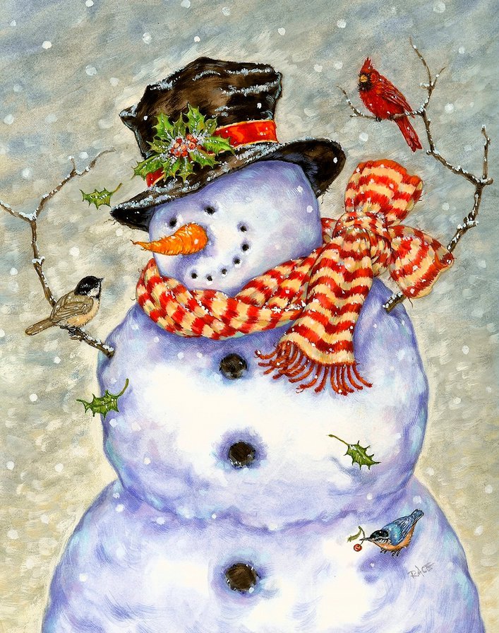 снеговик - снеговик, птички - оригинал