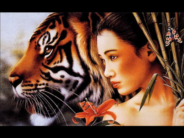 Тигр и Японка - тигр, девушка, фентези, японка, животное - оригинал