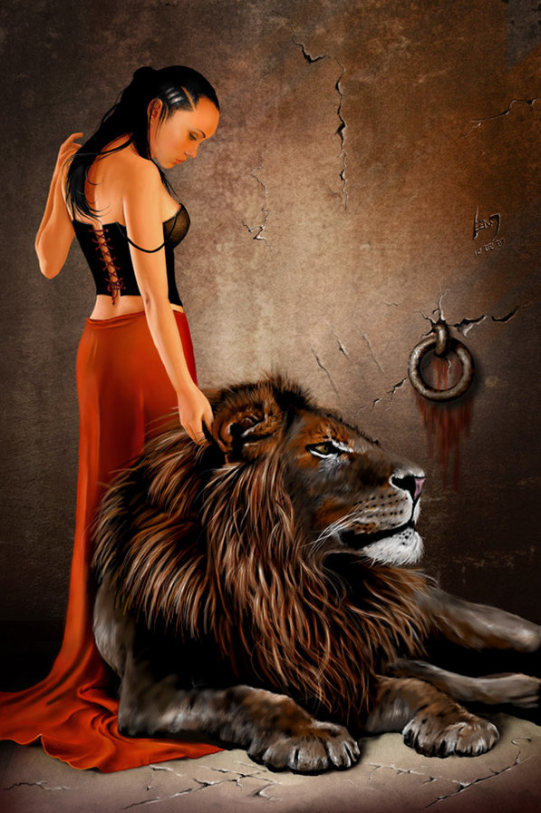 Девушка и лев - лев, девушка, животное, фентези - оригинал