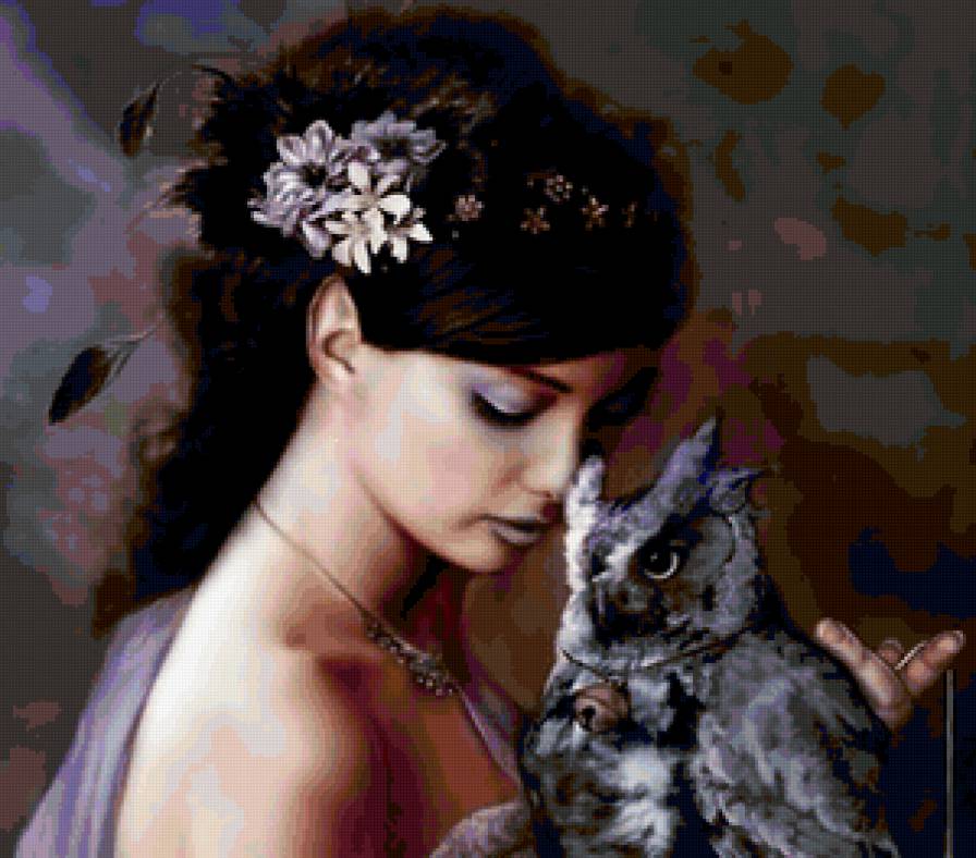 Фея с филином - девушка, картина, портрет, фея, фентази, птица, красота - предпросмотр