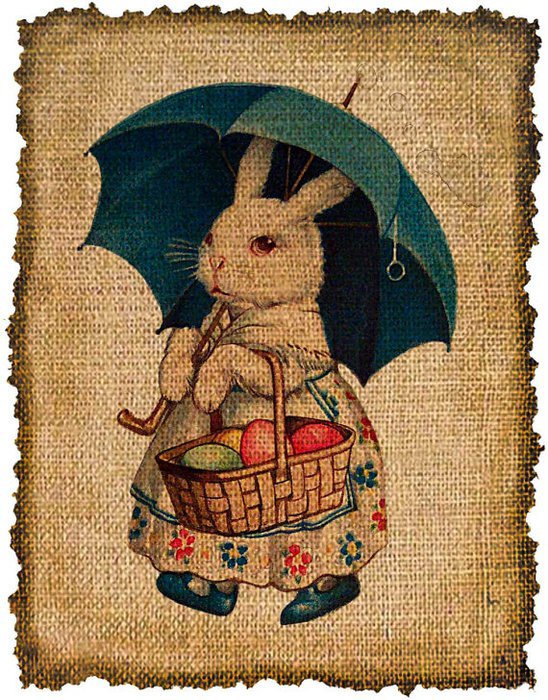 кролик с корзинкой и зонтом - кролик, корзинка, зонт - оригинал