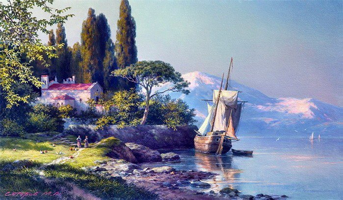 природа - река, лодка, домик, вода, природа - оригинал